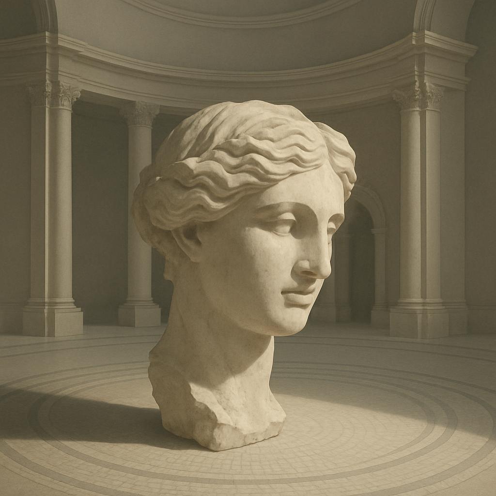 "Um busto feminino e uma moldura em um espaço circular, inspirado na arte clássica."